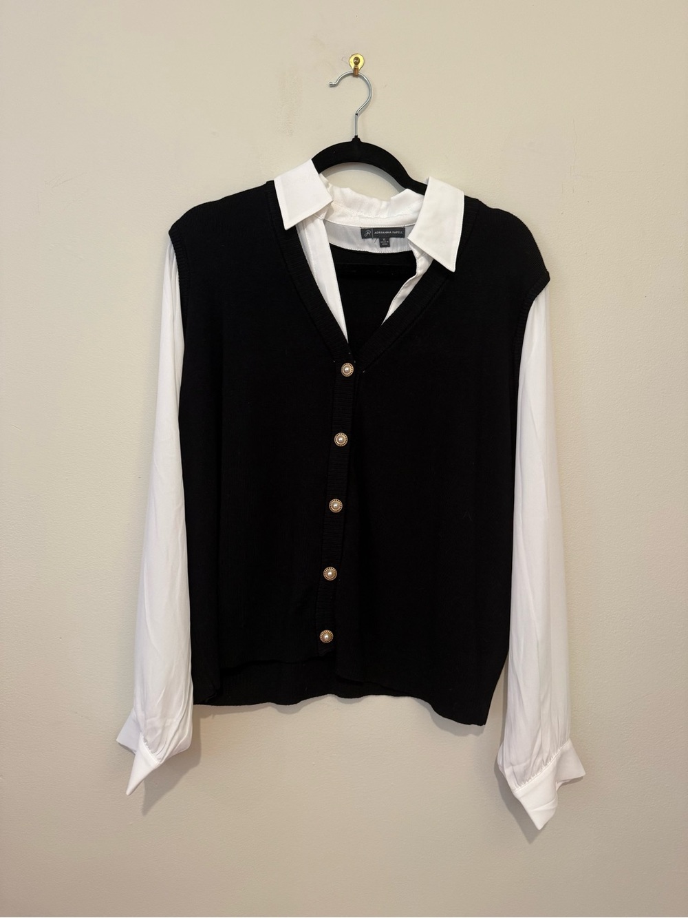 NWOT Adrianna Papell Black Knit Vest with White Shirt-Look Sleeves